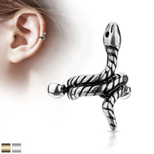 Stalowy piercing do ucha - zwinięty wąż z paskami na ciele - Kolor kolczyka: Złoty
