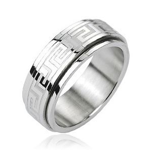Stalowy pierścień - ruchomy pas środkowy, klucz grecki, kolor srebrny - Rozmiar : 60