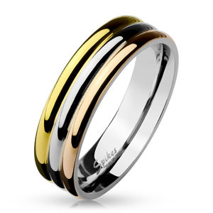 Stalowy pierścień - trzy błyszczące paski w kolorze miedzi, złotego i srebrnego koloru, 6 mm - Rozmiar : 52