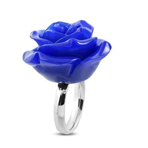 Stalowy pierścionek - błyszcząca obrączka, ciemnoniebieska żywiczna róża - Rozmiar : 51