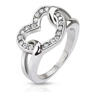 Stalowy pierścionek - błyszczące cyrkoniowe serce w pętelkach - Rozmiar : 51