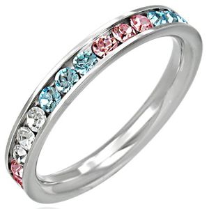 Stalowy pierścionek - cyrkonie w trzech kolorach - Rozmiar : 52