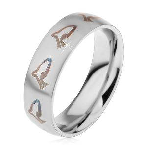 Stalowy pierścionek - czarne delfiny - Rozmiar : 48
