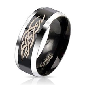 Stalowy pierścionek - czarny pas z ornamentem - Rozmiar : 70