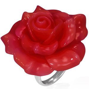 Stalowy pierścionek - czerwona rozkwitnięta róża, żywica - Rozmiar : 59