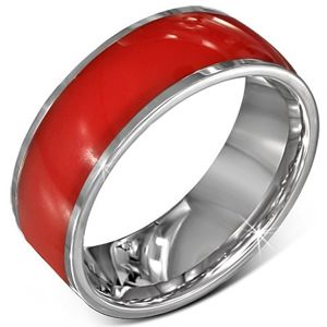 Stalowy pierścionek - lśniąca czerwona obrączka, srebrne brzegi, 8 mm - Rozmiar : 65