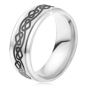 Stalowy pierścionek - lśniąca srebrna obrączka, pofalowana linia, serca - Rozmiar : 54