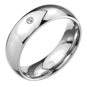 Stalowy pierścionek - lustrzana, zaokrąglona powierzchnia, przezroczysta cyrkonia - Rozmiar : 62