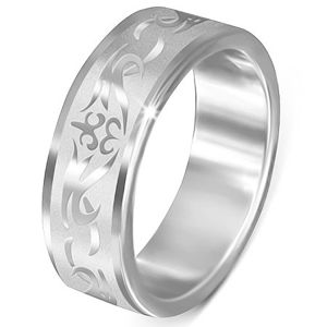 Stalowy pierścionek - matowy z błyszczącym, plemiennym wzorem - Rozmiar : 56