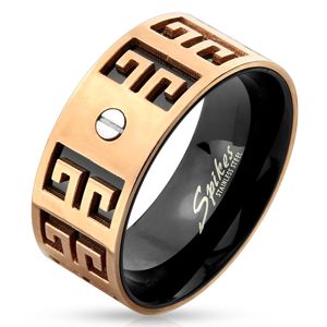 Stalowy pierścionek - miedziano-czarna kombinacja, wyryte symbole, mała śrubka, 9 mm - Rozmiar : 60