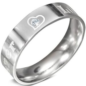 Stalowy pierścionek - napis FOREVER LOVE z cyrkonią, 6 mm - Rozmiar : 62