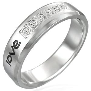 Stalowy pierścionek - napis "love", sześć cyrkonii - Rozmiar : 62