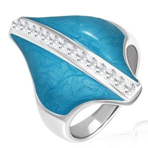 Stalowy pierścionek - niebieski romb, cyrkoniowy pas - Rozmiar : 56