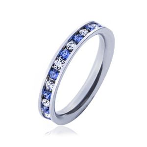Stalowy pierścionek - niebieskie i przeźroczyste kamyczki - Rozmiar : 55