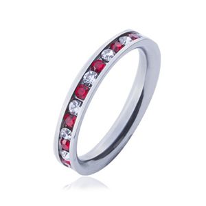 Stalowy pierścionek - obrączka, przeźroczyste i czerwone cyrkonie - Rozmiar : 60