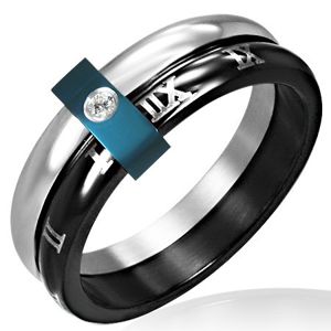 Stalowy pierścionek - podwójny z cyframi rzymskimi - Rozmiar : 51