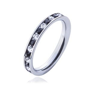 Stalowy pierścionek - przeźroczyste i czarne kamyczki - Rozmiar : 50