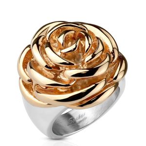 Stalowy pierścionek - rozkwitnięty kwiat róży w kolorze miedzianym - Rozmiar : 54