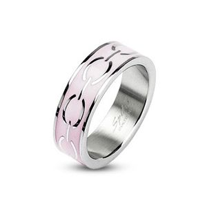 Stalowy pierścionek - różowy środek, kółka - Rozmiar : 52