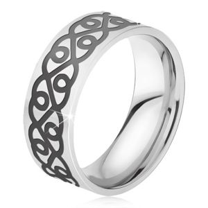 Stalowy pierścionek - srebrna obrączka, gruby czarny ornament, serca - Rozmiar : 59