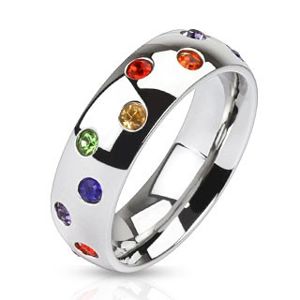 Stalowy pierścionek - srebrna obrączka, kolorowe kamyczki - Rozmiar : 54