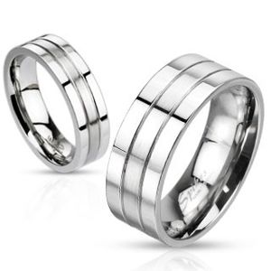 Stalowy pierścionek - srebrna obrączka z dwoma rowkami, matowo-lśniąca - Rozmiar : 67
