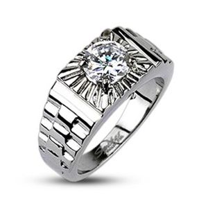 Stalowy pierścionek - srebrne promienie, styl zegarka - Rozmiar : 65