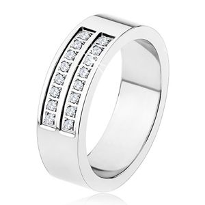 Stalowy pierścionek - srebrny kolor, lśniący, podwójny pas przezroczystych cyrkonii - Rozmiar : 57