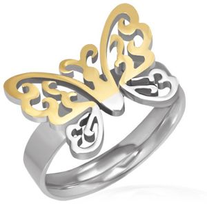 Stalowy pierścionek - wycięty złoto-srebrny motyl - Rozmiar : 54