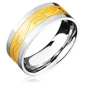 Stalowy pierścionek - złoto-srebrny z falistym ornamentem - Rozmiar : 60
