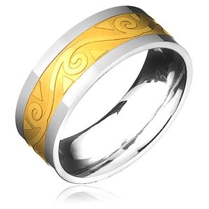Stalowy pierścionek - złoto-srebrny z motywem spiral i fal - Rozmiar : 57