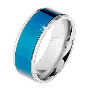 Stalowy pierścionek, ciemnoniebieski pas, oprawa srebrnego koloru, wysoki połysk, 8 mm - Rozmiar : 70