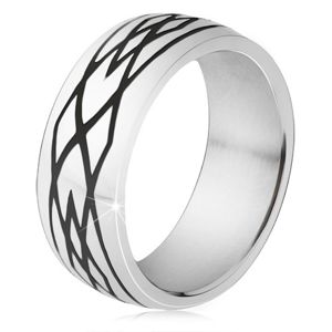 Stalowy pierścionek, czarne nacięcia, wzór z elips i rombów - Rozmiar : 64