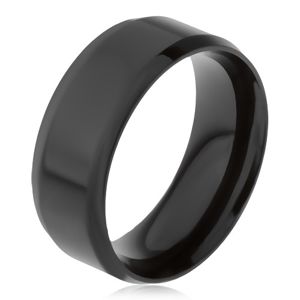Stalowy pierścionek czarnego koloru, ścięte krawędzie - Rozmiar : 64