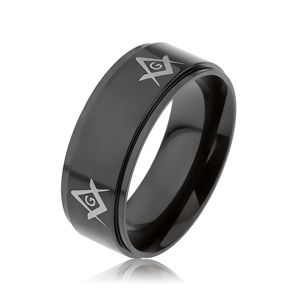 Stalowy pierścionek czarnego koloru, symbole wolnomularskie na podniesionym pasie - Rozmiar : 65