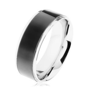 Stalowy pierścionek, czarny pas, krawędzie srebrnego koloru, wysoki połysk - Rozmiar : 68