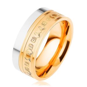 Stalowy pierścionek, dwukolorowy - srebrny i złoty odcień, ornamenty, 8 mm - Rozmiar : 65