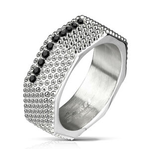 Stalowy pierścionek - industrialny styl, masywna śruba z wypustkami i czarnymi cyrkoniami - Rozmiar : 59