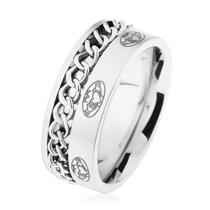 Stalowy pierścionek, łańcuszek, srebrny kolor, matowa powierzchnia, ornamenty - Rozmiar : 57