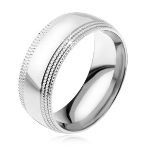 Stalowy pierścionek, lśniąca powierzchnia, schodkowo ścięte krawędzie z rowkami - Rozmiar : 60