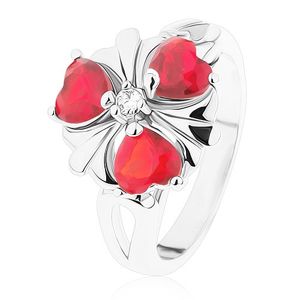 Stalowy pierścionek, lśniący kwiat z czerwonymi serduszkowymi cyrkoniami - Rozmiar : 52