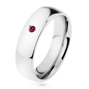Stalowy pierścionek, lustrzany połysk, fioletowa cyrkonia, gładkie ramiona - Rozmiar : 49