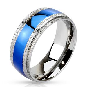 Stalowy pierścionek niebieski pas pośrodku, karbowane krawędzie - Rozmiar : 73