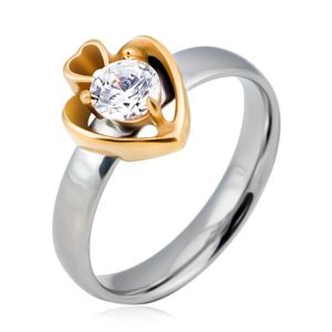 Stalowy pierścionek, srebrne kółko i dwa złote serca z cyrkonią - Rozmiar : 57