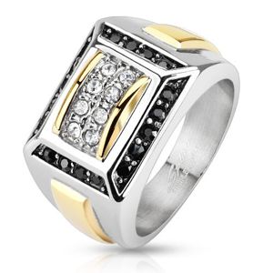 Stalowy pierścionek srebrnego i złotego koloru, czarne i przezroczyste cyrkonie, prostokąty - Rozmiar : 62