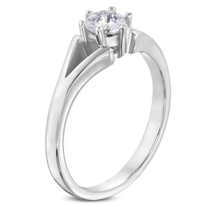 Stalowy pierścionek srebrnego koloru - zaręczynowy, rozdzielone ramiona, bezbarwna cyrkonia - Rozmiar : 55