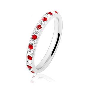 Stalowy pierścionek srebrnego koloru, bezbarwne i czerwone cyrkonie, biała emalia - Rozmiar : 49