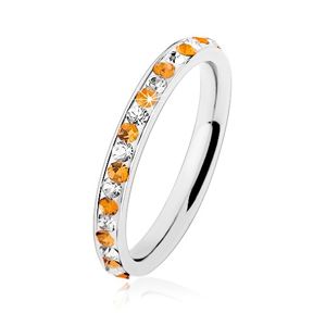Stalowy pierścionek srebrnego koloru, bezbarwne i pomarańczowe cyrkonie, biała emalia - Rozmiar : 57