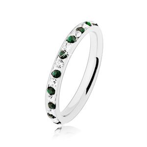 Stalowy pierścionek srebrnego koloru, bezbarwne i zielone cyrkonie - Rozmiar : 49