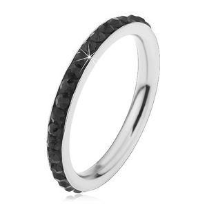 Stalowy pierścionek srebrnego koloru, błyszczące czarne cyrkonie - Rozmiar : 52